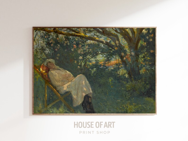 May include: A painting of a person reclining in a wooden chair in a garden setting. The person is wearing a white dress and is surrounded by lush greenery and blooming flowers. The painting has a soft, Impressionistic style.