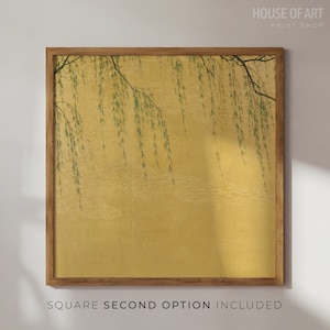 May include: A framed print of a watercolor painting depicting a willow tree with green leaves hanging over a gold background.