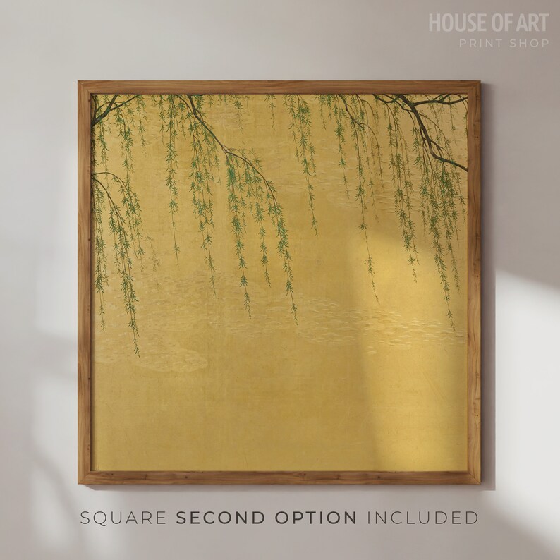 May include: A framed print of a watercolor painting depicting a willow tree with green leaves hanging over a gold background.