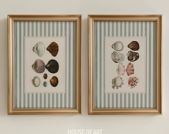 Oyster Prints, Nancy Meyers Inspired Striped Art Set of 2, Vintage Mollusk Shells Poster, Fisherman Aesthetic Wall Art Coastal Cowgirl Decor