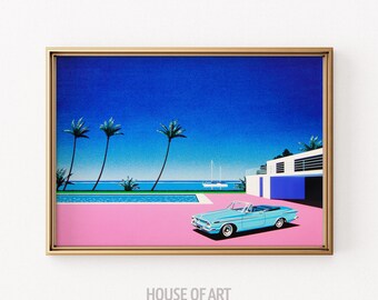 Car Poster, Pink Driveway Print, Retro Car Decor, Japanese