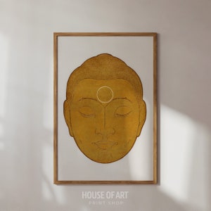 May include: A gold-colored illustration of a Buddha's face with closed eyes. The illustration has a white circle on the forehead.