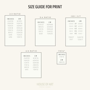 May include: A size guide for prints, featuring various aspect ratios: 2:3, 3:4, 4:5, and ISO 5:7, with corresponding inch and centimeter measurements. Includes sizes like 24x36 inches (61x91 cm) and 11x14 inches (28x35 cm).