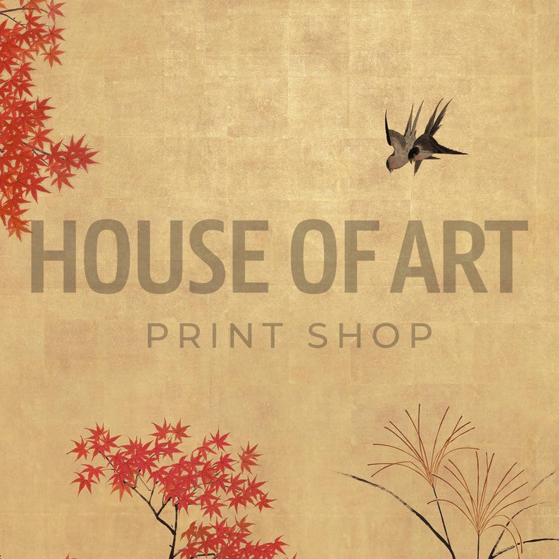 May include: A digital art print with a gold background featuring the text "HOUSE OF ART PRINT SHOP". The image includes red maple leaves, tall grass, and a flying bird.