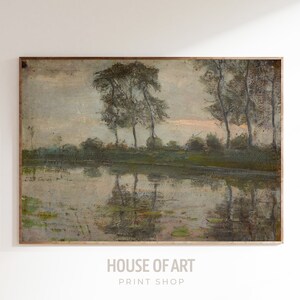 Gedempte rivierkunst, esthetische landschapsprint, herfstkunst aan de muur, vintage humeurig olieverfschilderij, natuurprint, herfstdecor woonkamer, landschapsdecor