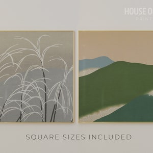 May include: Two framed prints with a minimalist Japanese aesthetic. The print on the left features a white silhouette of tall grass on a light gray background. The print on the right features a green and blue mountain landscape on a light beige background. The text "HOUSE OF ART PRINT SHOP" is at the top of the image and the text "SQUARE SIZES INCLUDED" is at the bottom of the image.