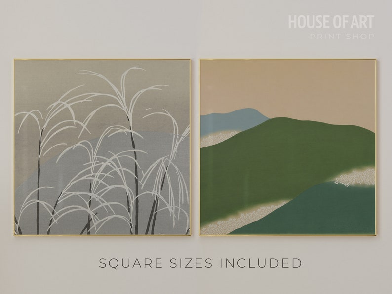 May include: Two framed prints with a minimalist Japanese aesthetic. The print on the left features a white silhouette of tall grass on a light gray background. The print on the right features a green and blue mountain landscape on a light beige background. The text "HOUSE OF ART PRINT SHOP" is at the top of the image and the text "SQUARE SIZES INCLUDED" is at the bottom of the image.