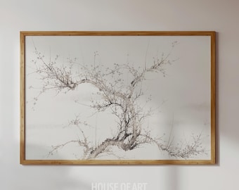 Impresión de ciruelo, pintura de tinta japonesa, impresión de flores asiáticas, póster de invierno, arte mural chinoiserie vintage, arte botánico, decoración minimalista del hogar