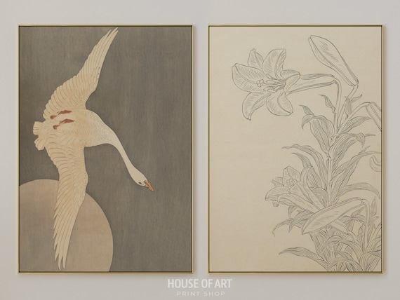 Retro Japanese Wall Art, Ohara Koson Woodblock Prints, Lily Flower Line Drawing, Swan Print, Japandi Wabi Sabi Wall Art, Nursery Wall Decor