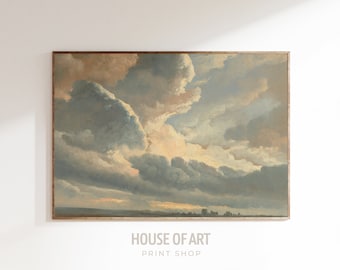 Cloud Painting Vintage Nursery Art, Bedroom Art Print Sunset Sky Landscape Cloudscape Decor, Clouds Wall Art, Nancy Meyers Living Room Decor
