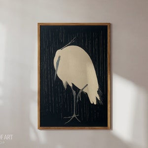 Vintage Japanese Heron Print, Retro Egret Art from Japan, Great White Heron in the Rain, Crane Wall Art Print Coastal Bird Beach House Decor
