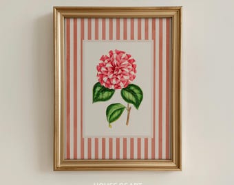 Stampa di fiori rosa, poster a righe da ragazza, arte botanica vintage, arte murale femminile, grazioso arredamento per appartamenti in stile preppy, arredamento per camerette Coquette