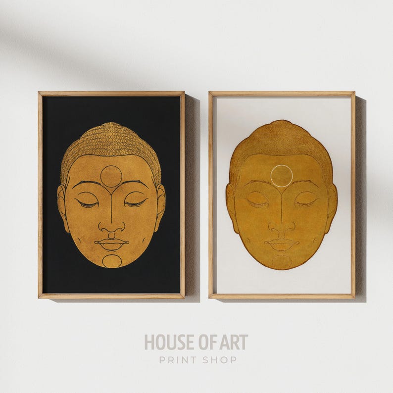 Buddha Wall Art Set, Zen Wall Art, Gold Woodblock Prints, Buddha Painting, Asian Wall Art, Buddha Poster, Yin Yang Art, Yoga Studio Decor image 1