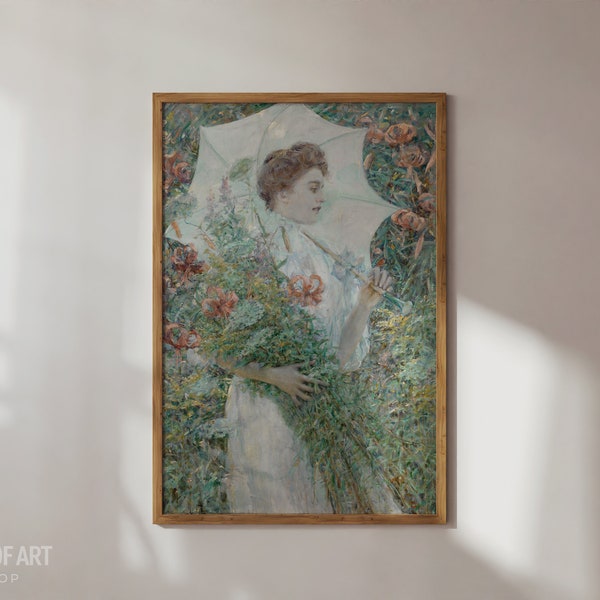 Vintage Portrait PRINTABLE Art, Dreamy White Parasol Instant Download Digital Print, Woman in Flower Garden Oil Painting, Summer White Dress