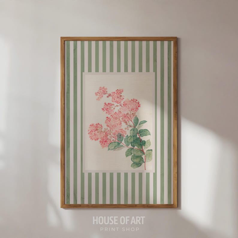 May include: A framed botanical print featuring a cluster of pink flowers with green leaves. The artwork is set against a white background with a striped green and white border. The frame is made of wood. The text "HOUSE OF ART PRINT SHOP" is at the bottom.
