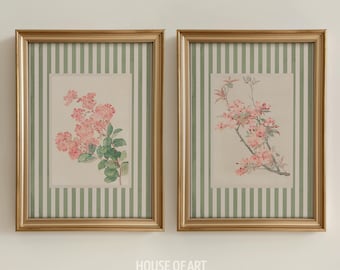 Pink Hydrangea Prints, Love Shack Fancy Nancy Meyers Aesthetic Sage Green Striped Wall Art Set, Vintage Floral Poster, Preppy Coquette Decor