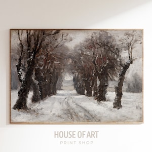 Moody Winter Landscape Print, Winter Wonderland Poster, Nature Scene Wall Art, Aesthetic Vintage Trees Painting, Rustic Seasonal Decor