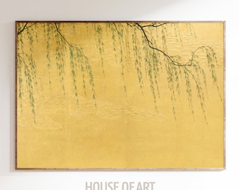 Willow Tree Painting, Japanese Wall Art, Chinoiserie Wall Art, Weeping Willow Gold Background, Antique Nature Print, Eclectic Home Decor