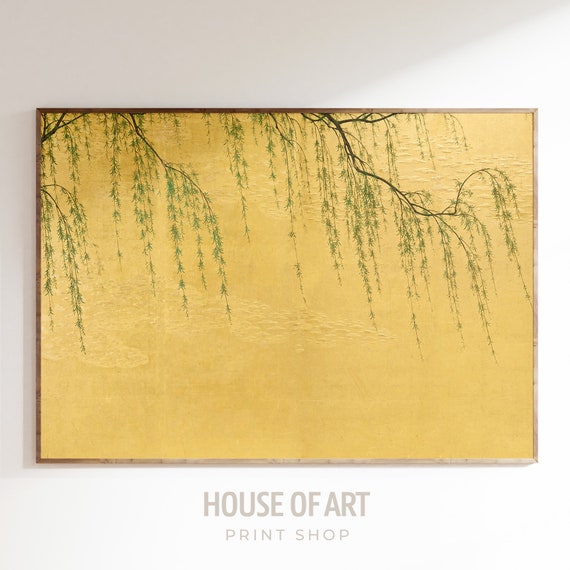 Willow Tree Painting, Japanese Wall Art, Chinoiserie Wall Art, Weeping Willow Gold Background, Antique Nature Print, Eclectic Home Decor