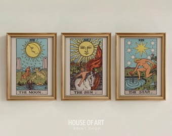 Vintage Tarot Card Prints Set of 3, Sun Moon Star, Tarot Cards Poster, Astrology Wall Art, Spiritual Home Decor, Tarot Wall Art, Zodiac Art