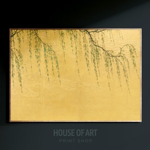 May include: A framed print of a weeping willow tree with green leaves against a gold background.