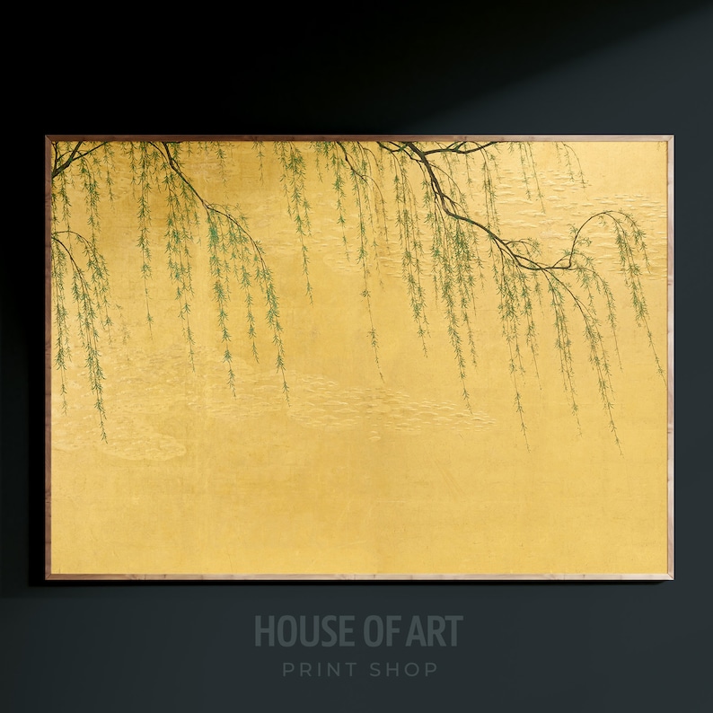 May include: A framed print of a weeping willow tree with green leaves against a gold background.