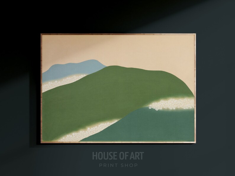 May include: Abstract art print featuring a landscape of green, blue, and beige hills with white accents. The print is framed in a light wood frame.