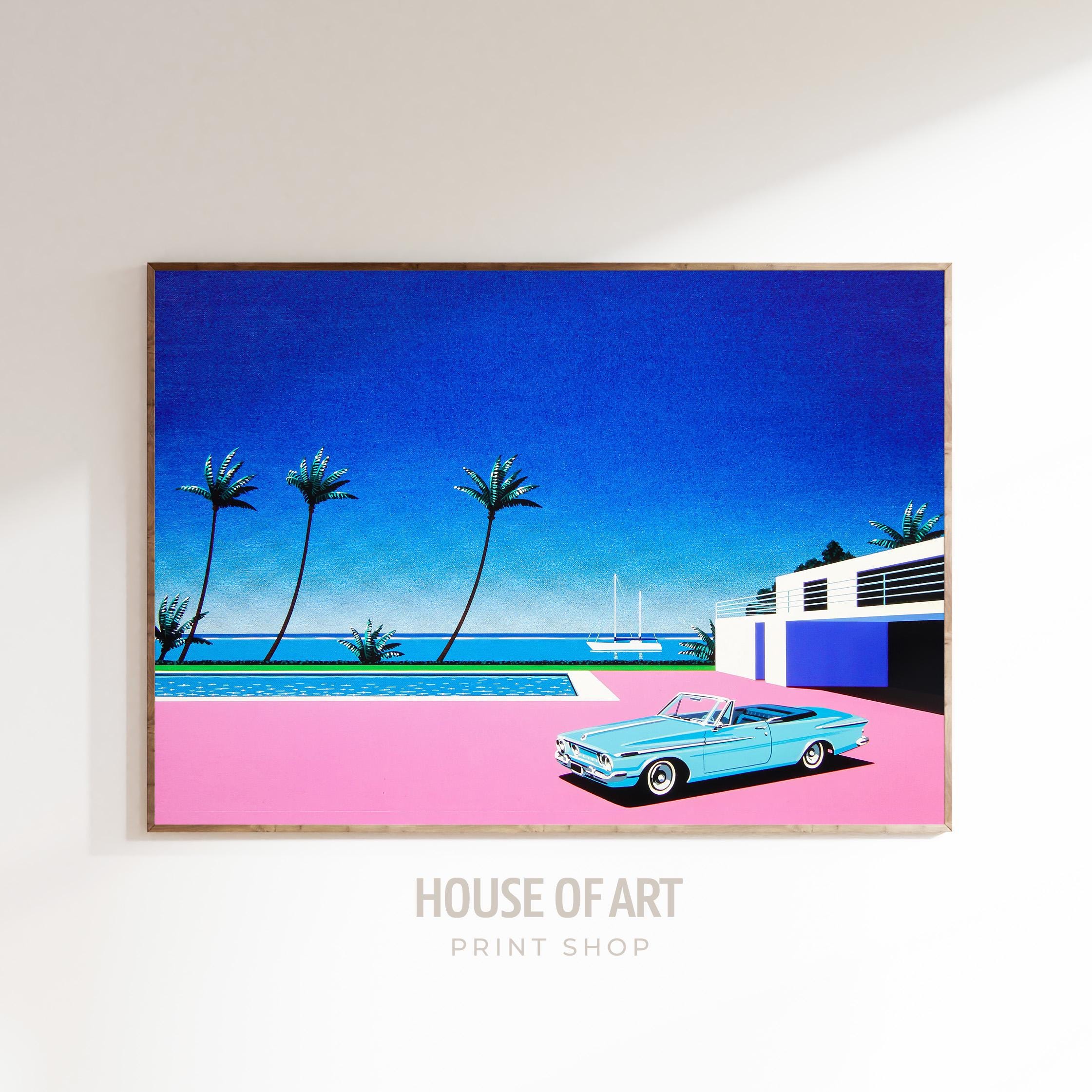 Car Poster, Pink Driveway Print, Retro Car Decor, Japanese