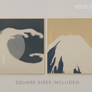May include: Two framed prints of Japanese art. The left print features a large wave in blue and white with a circle in the center. The right print features a mountain in white and blue with a beige background. The text "SQUARE SIZES INCLUDED" is below the prints.