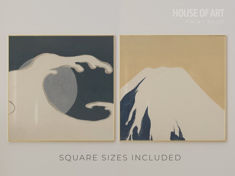 May include: Two framed prints of Japanese art. The left print features a large wave in blue and white with a circle in the center. The right print features a mountain in white and blue with a beige background. The text "SQUARE SIZES INCLUDED" is below the prints.