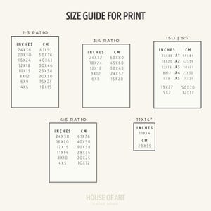 May include: A size guide for prints, featuring various aspect ratios: 2:3, 3:4, 4:5, and ISO 5:7, with corresponding inch and centimeter measurements. Includes sizes like 24x36 inches (61x91 cm) and 11x14 inches (28x35 cm).