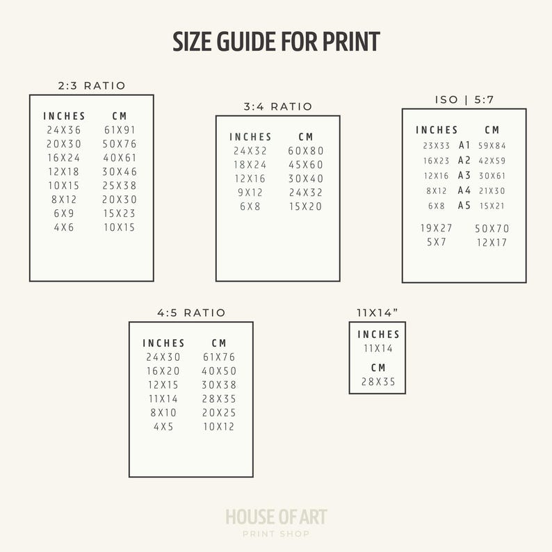 May include: A size guide for prints, featuring various aspect ratios: 2:3, 3:4, 4:5, and ISO 5:7, with corresponding inch and centimeter measurements. Includes sizes like 24x36 inches (61x91 cm) and 11x14 inches (28x35 cm).