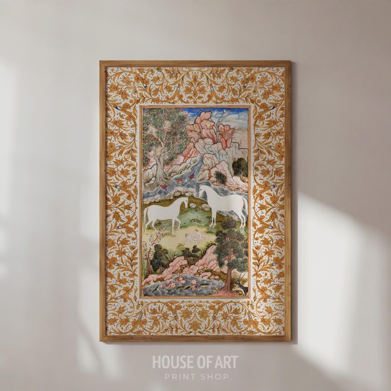 May include: A framed art print featuring two white horses in a landscape with trees, a stream, and mountains. The artwork has a detailed border with floral patterns in gold and cream. The print is labeled "HOUSE OF ART PRINT SHOP".