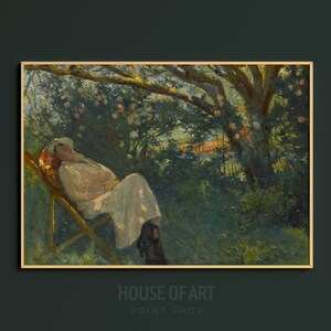 May include: A painting of a woman reclining in a chair under a tree with green leaves and white flowers. The woman is wearing a white dress and has her head resting on a red pillow. The background is a lush green garden.