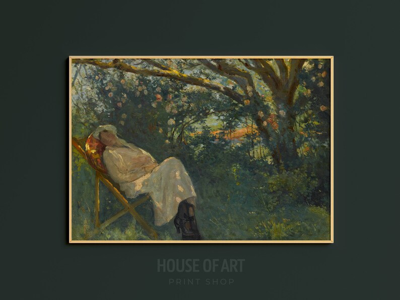 May include: A painting of a woman reclining in a chair under a tree with green leaves and white flowers. The woman is wearing a white dress and has her head resting on a red pillow. The background is a lush green garden.