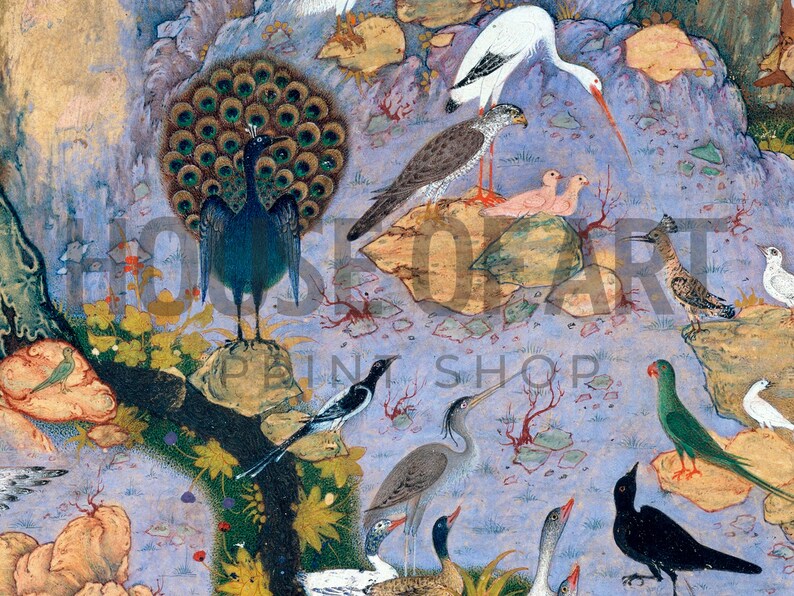 Conference of the Birds Print, Habiballah of Sava, Mughal Art Print, Traditional Persian Miniature Painting, Antique Iranian Book Poster image 7