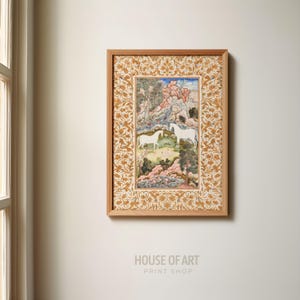 May include: A framed art print featuring two white horses in a landscape with trees and mountains. The artwork is in a wooden frame with a decorative gold border. The print is hanging on a white wall. The text "HOUSE OF ART PRINT SHOP" is at the bottom.