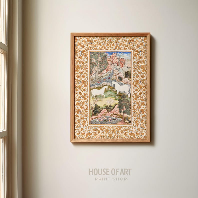 May include: A framed art print featuring two white horses in a landscape with trees and mountains. The artwork is in a wooden frame with a decorative gold border. The print is hanging on a white wall. The text "HOUSE OF ART PRINT SHOP" is at the bottom.