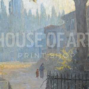 May include: A painting depicting a street scene with a hazy, atmospheric quality. The street is lined with buildings and trees, and there are two figures walking in the distance. The painting is done in a muted palette of blues, grays, and yellows.