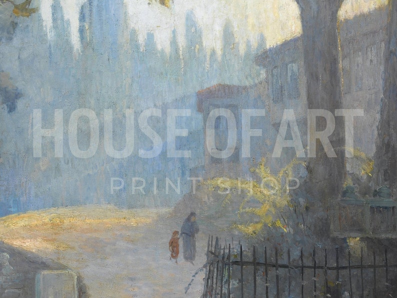May include: A painting depicting a street scene with a hazy, atmospheric quality. The street is lined with buildings and trees, and there are two figures walking in the distance. The painting is done in a muted palette of blues, grays, and yellows.