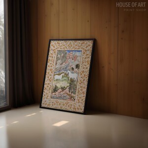 May include: A framed art print featuring a detailed illustration of two white horses in a landscape with trees and flowers. The print has a decorative gold border and is leaning against a wooden wall. The text "HOUSE OF ART PRINT SHOP" is visible.