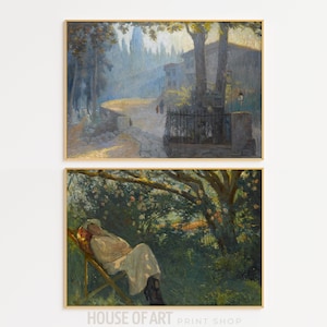 May include: Two framed paintings, one depicting a misty, wooded path leading to a building, and the other showing a woman resting in a lush garden.