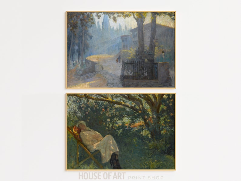 May include: Two framed paintings, one depicting a misty, wooded path leading to a building, and the other showing a woman resting in a lush garden.