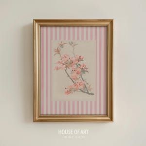 Flower Print, Pink Coquette Dorm Decor, Nancy Meyers Aesthetic Preppy Striped Art, Cute Floral Poster, Girly Cottagecore Country Wall Art