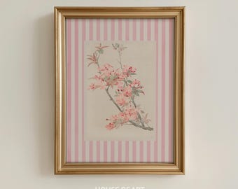 Stampa floreale, decorazione per dormitorio rosa Coquette, arte a righe rosa preppy, grazioso poster floreale, arte murale per appartamento femminile