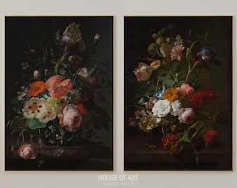 Dutch Flower Prints, Dark Floral Paintings, Baroque Wall Art Old Flower Oil Painting, Vintage Dark Academia Print, Antique Still Life Poster
