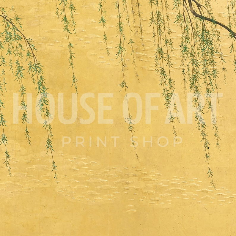 May include: A painting of a weeping willow tree with green leaves hanging down against a gold background. The text "HOUSE OF ART PRINT SHOP" is visible in the center of the image.