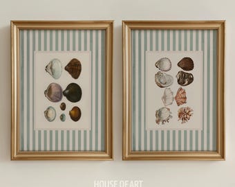 Oyster Giclée Print, Nancy Meyers Inspired Striped Art Set of 2, Vintage Shells Poster, Fisherman Aesthetic Wall Art, Coastal Cowgirl Decor