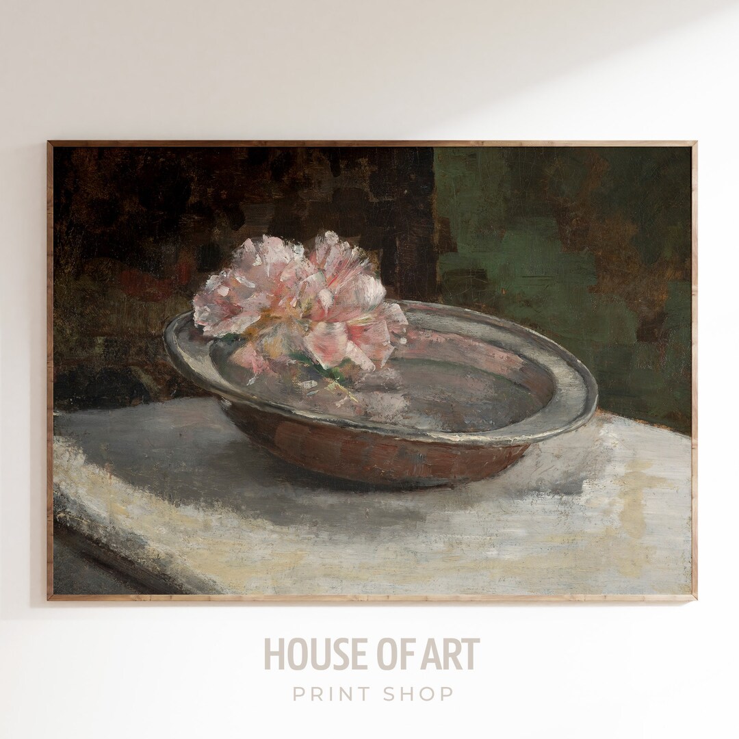 Pink Flowers Oil Painting, Water Bowl With Flowers Still Life, Romantic
