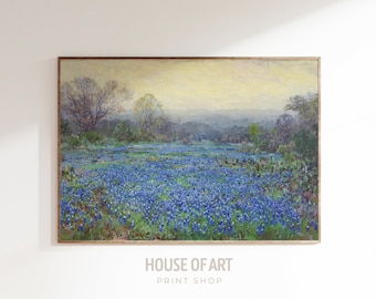 Bluebonnet Painting, Texas Print, Bluebonnet Wall Art, Vintage Landscape Wall Art Texas Gift, Cottagecore Decor, Blue Living Room Wall Decor